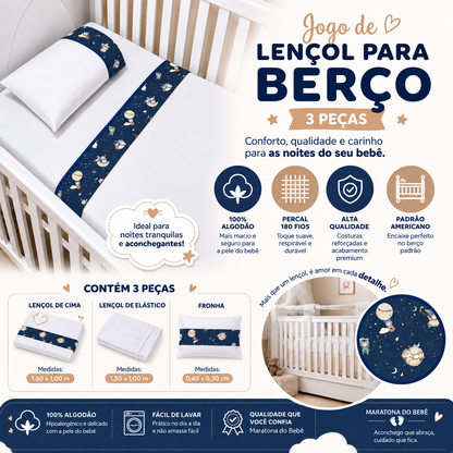 Jogo de Lençol para Berço Padrão 3 Peças Bichos c/ Bege | Percal Premium