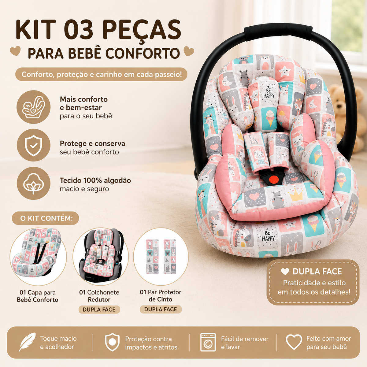Kit para Bebê Conforto 3 Peças Dupla Face Abelha Verso Rosê