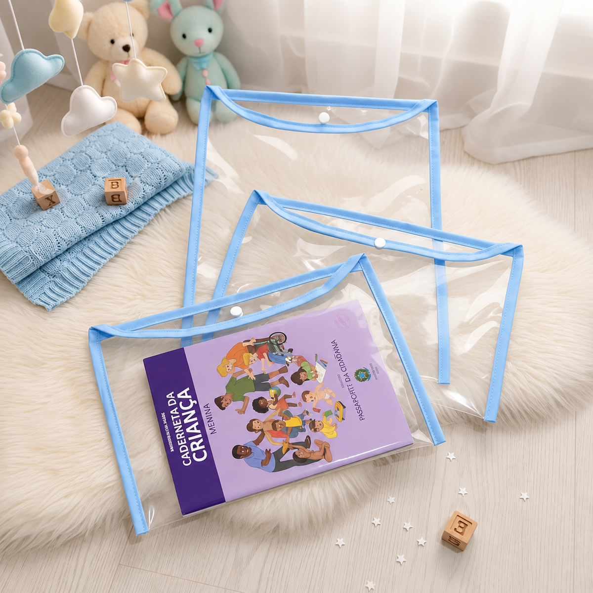 Kit com 3 Capas Organizadoras para Certidão e Documentos Azul Bebê