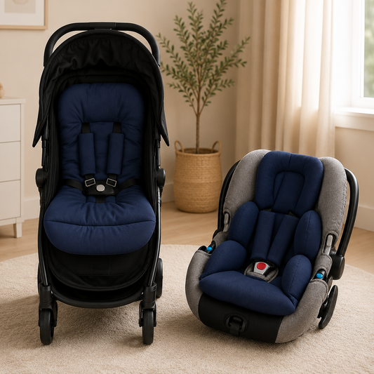 Kit Colchonetes 3 Peças para Carrinho & Bebê Conforto + Protetores de Cinto Azul Marinho