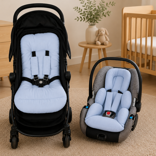 Kit Colchonetes 3 Peças para Carrinho & Bebê Conforto + Protetores de Cinto Azul Bebê