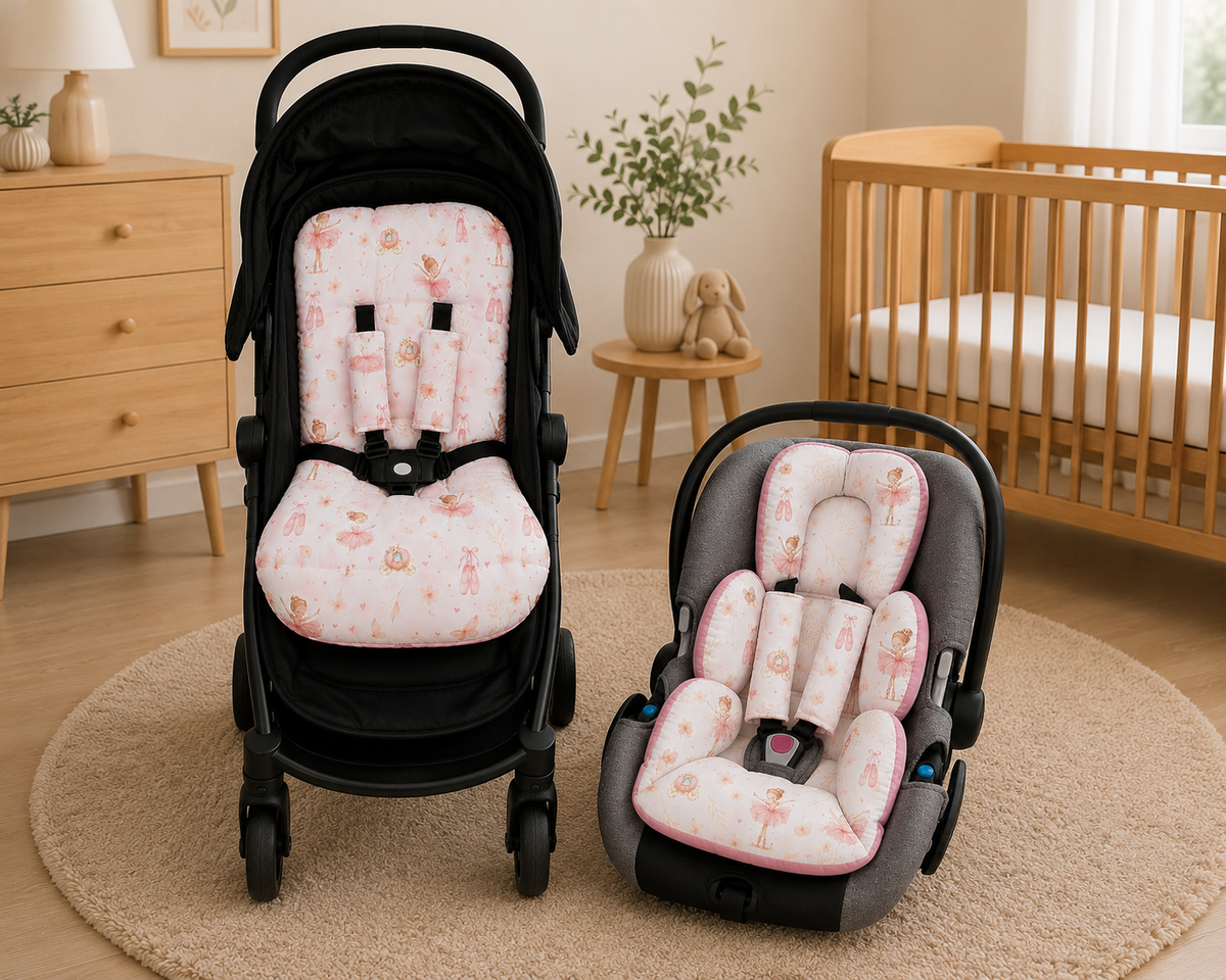 Kit Colchonetes 3 Peças para Carrinho & Bebê Conforto + Protetores de Cinto Bailarina