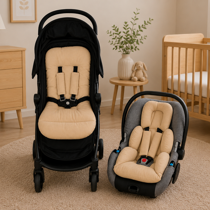 Kit Colchonetes 3 Peças para Carrinho & Bebê Conforto + Protetores de Cinto Bege