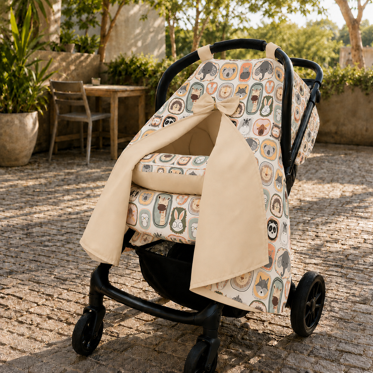 Capota para Bebê Conforto Tenda Dupla Face Bichos Verso Bege