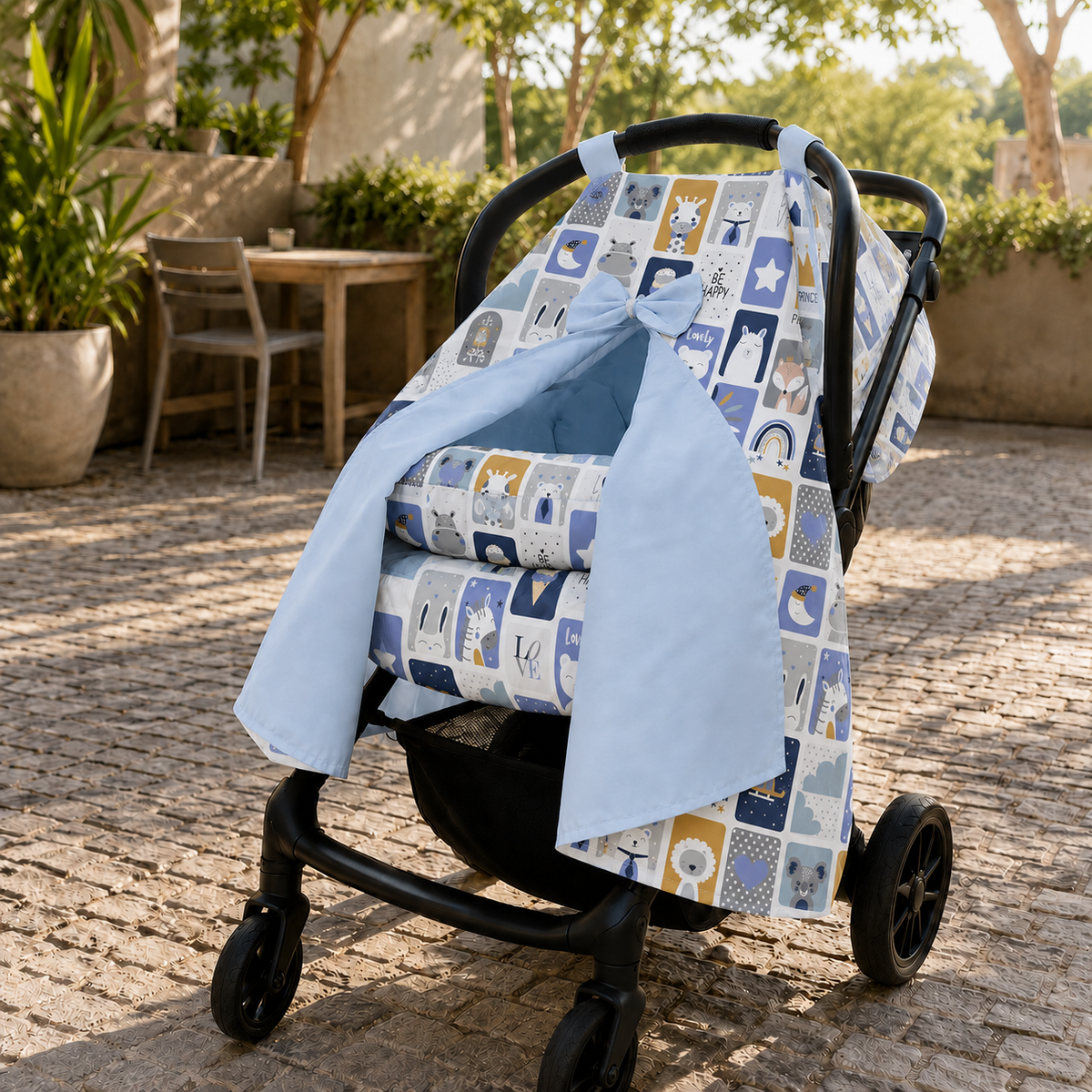 Capota para Bebê Conforto Tenda Dupla Face Bichos Azul Verso Azul