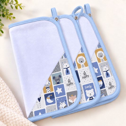 Toalha de Boca Malha Dupla Penteada Premium Bichos Azul c/ Azul Bebê | Kit com 3 Unidades