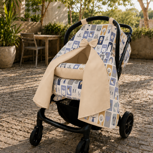 Kit para Bebê Conforto 4 Peças Dupla Face com Capota Tenda Bichos Azul Verso Bege