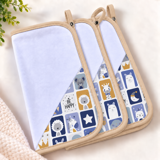 Toalha de Boca Malha Dupla Penteada Premium Bichos Azul c/ Bege | Kit com 3 Unidades
