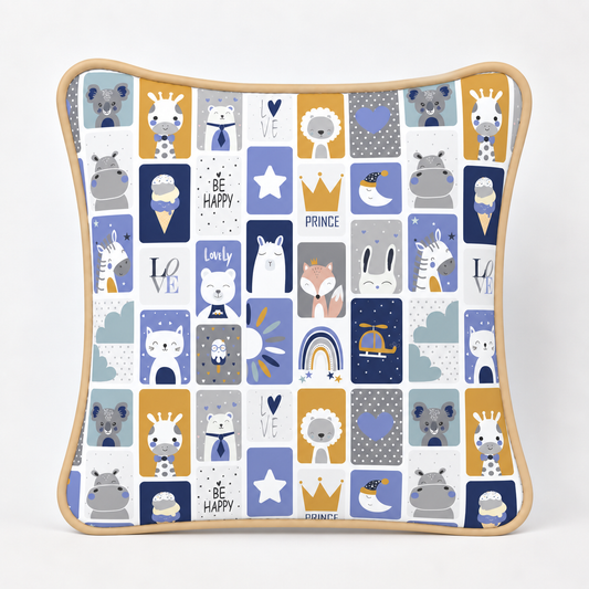 Almofada Decorativa 30cm x 30cm Bichos Azul c/ Bege