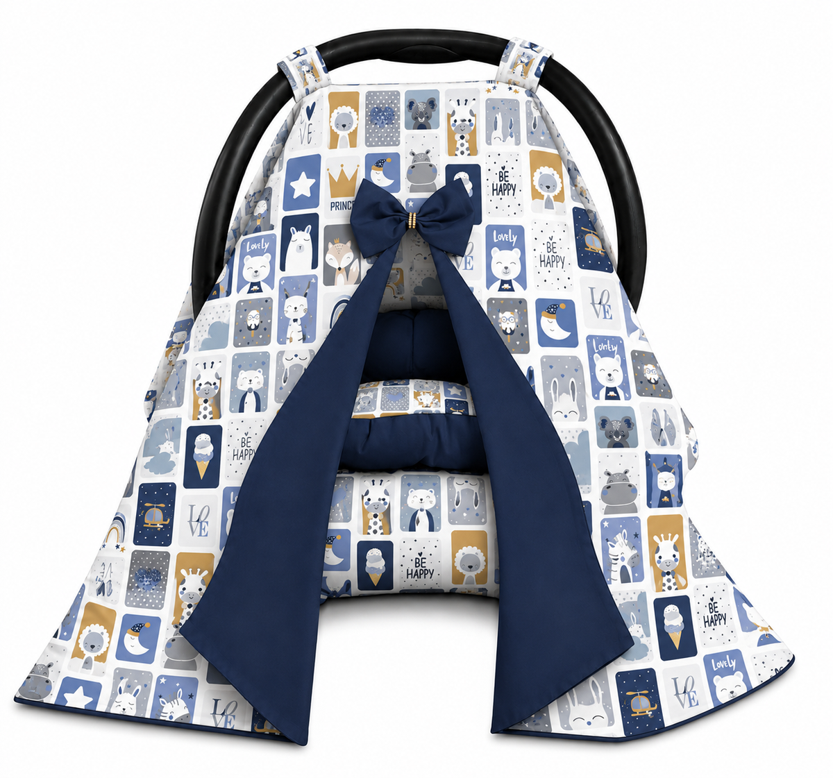 Kit para Bebê Conforto 4 Peças Dupla Face com Capota Tenda Bichos Azul Verso Marinho