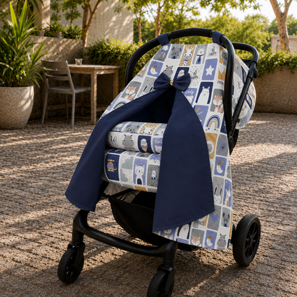 Kit para Bebê Conforto 4 Peças Dupla Face com Capota Tenda Bichos Azul Verso Marinho