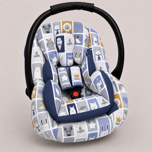 Kit para Bebê Conforto 3 Peças Dupla Face Bichos Azul Verso Marinho