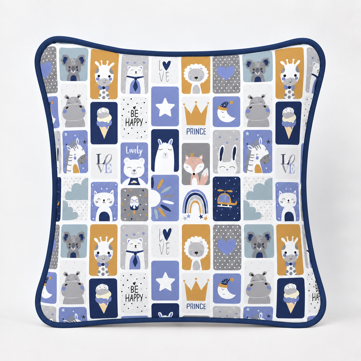 Almofada Decorativa 30cm x 30cm Bichos Azul c/ Azul Marinho