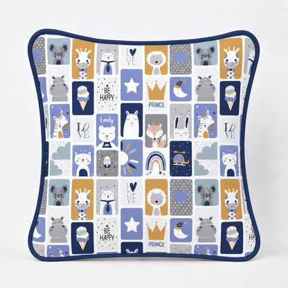 Almofada Decorativa 30cm x 30cm Bichos Azul c/ Azul Marinho
