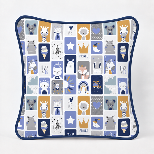 Almofada Decorativa 30cm x 30cm Bichos Azul c/ Azul Marinho