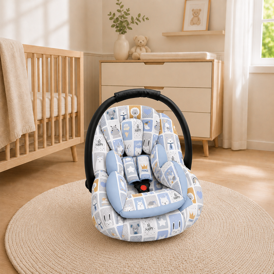 Kit para Bebê Conforto 4 Peças Dupla Face com Capota Tenda Bichos Azul Verso Azul
