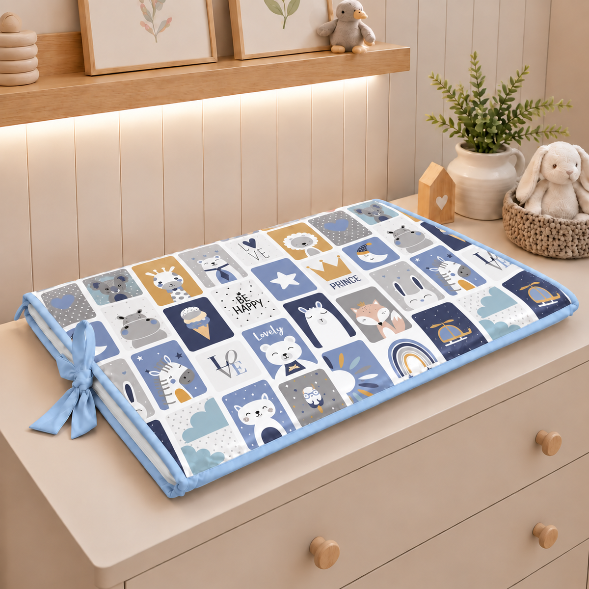 Trocador de Cômoda 70x45x3cm Bichos Azul c/ Azul Bebê