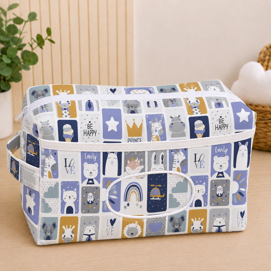 Necessaire Porta Fraldas e Lenço Umedecido 3 Compartimentos Bichos Azul