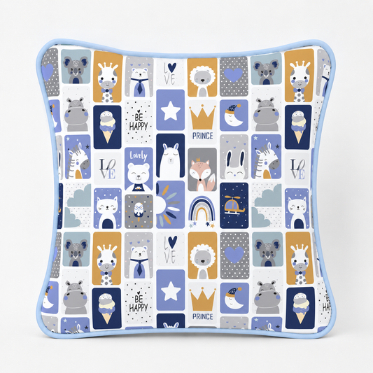 Almofada Decorativa 30cm x 30cm Bichos Azul c/ Azul Bebê