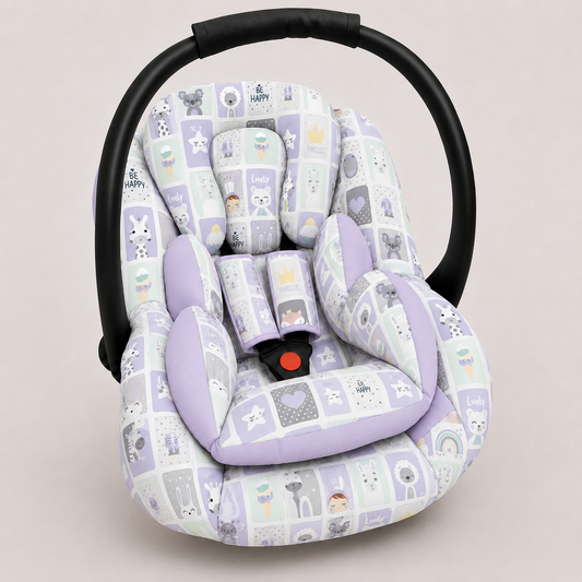 Kit para Bebê Conforto 3 Peças Dupla Face Bichos Lilás Verso Lilás