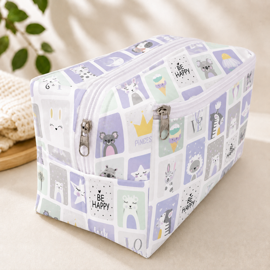Necessaire Porta Fraldas e Lenço Umedecido 3 Compartimentos Bichos Lilás