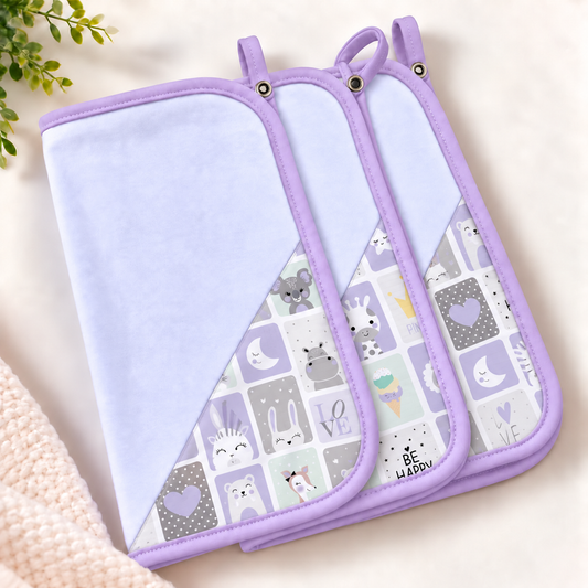 Toalha de Boca Malha Dupla Penteada Premium Bichos Lilás | Kit com 3 Unidades