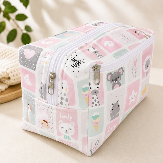 Necessaire Porta Fraldas e Lenço Umedecido 3 Compartimentos Bichos Rosa