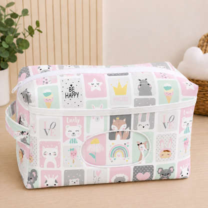 Necessaire Porta Fraldas e Lenço Umedecido 3 Compartimentos Bichos Rosa
