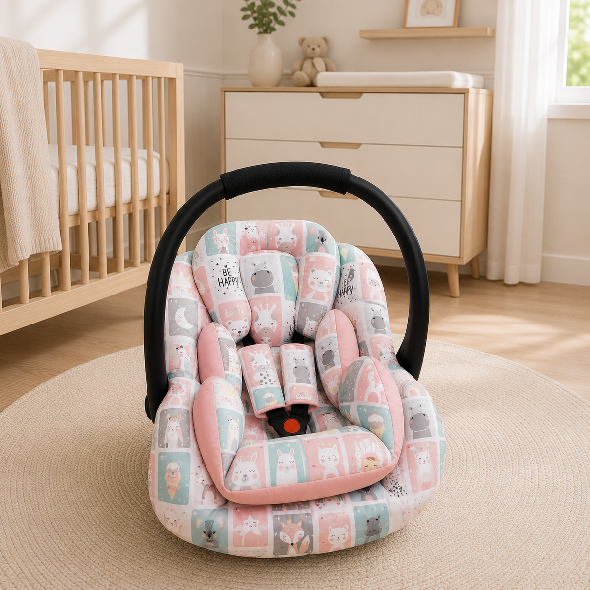 Kit para Bebê Conforto 3 Peças Dupla Face Bichos Rosê Verso Rosê