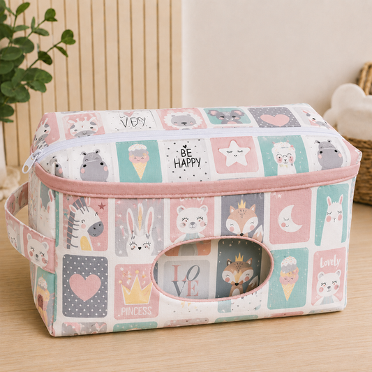 Necessaire Porta Fraldas e Lenço Umedecido 3 Compartimentos Bichos Rosê