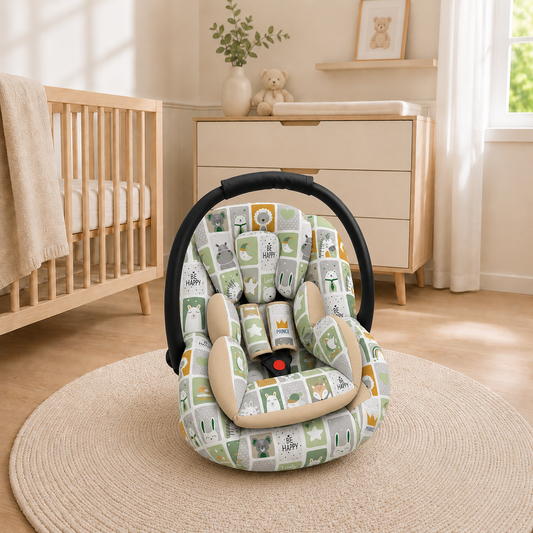 Kit para Bebê Conforto 3 Peças Dupla Face Bichos Verde Verso Bege