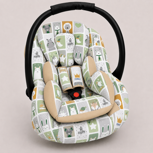 Kit para Bebê Conforto 3 Peças Dupla Face Bichos Verde Verso Bege