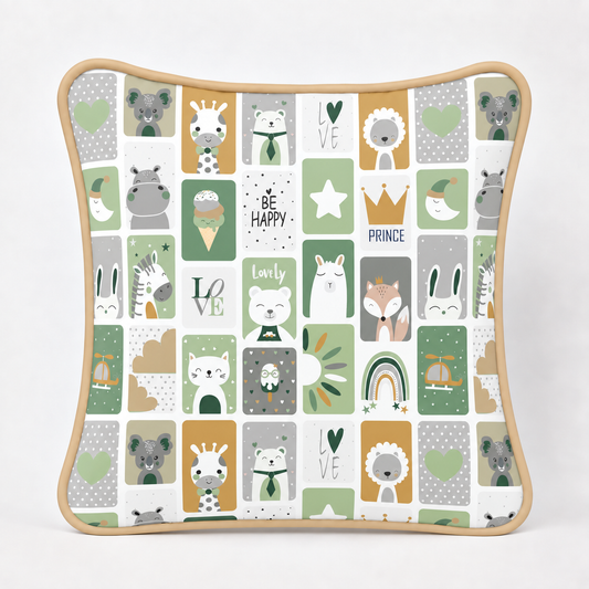Almofada Decorativa 30cm x 30cm Bichos Verde c/ Bege