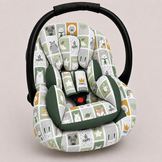 Kit para Bebê Conforto 3 Peças Dupla Face Bichos Verde Verso Verde Escuro