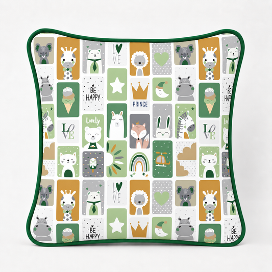 Almofada Decorativa 30cm x 30cm Bichos Verde c/ Verde Escuro
