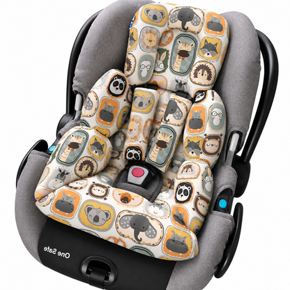 Kit Colchonetes 3 Peças para Carrinho & Bebê Conforto + Protetores de Cinto Bichos Verso Verde Escuro