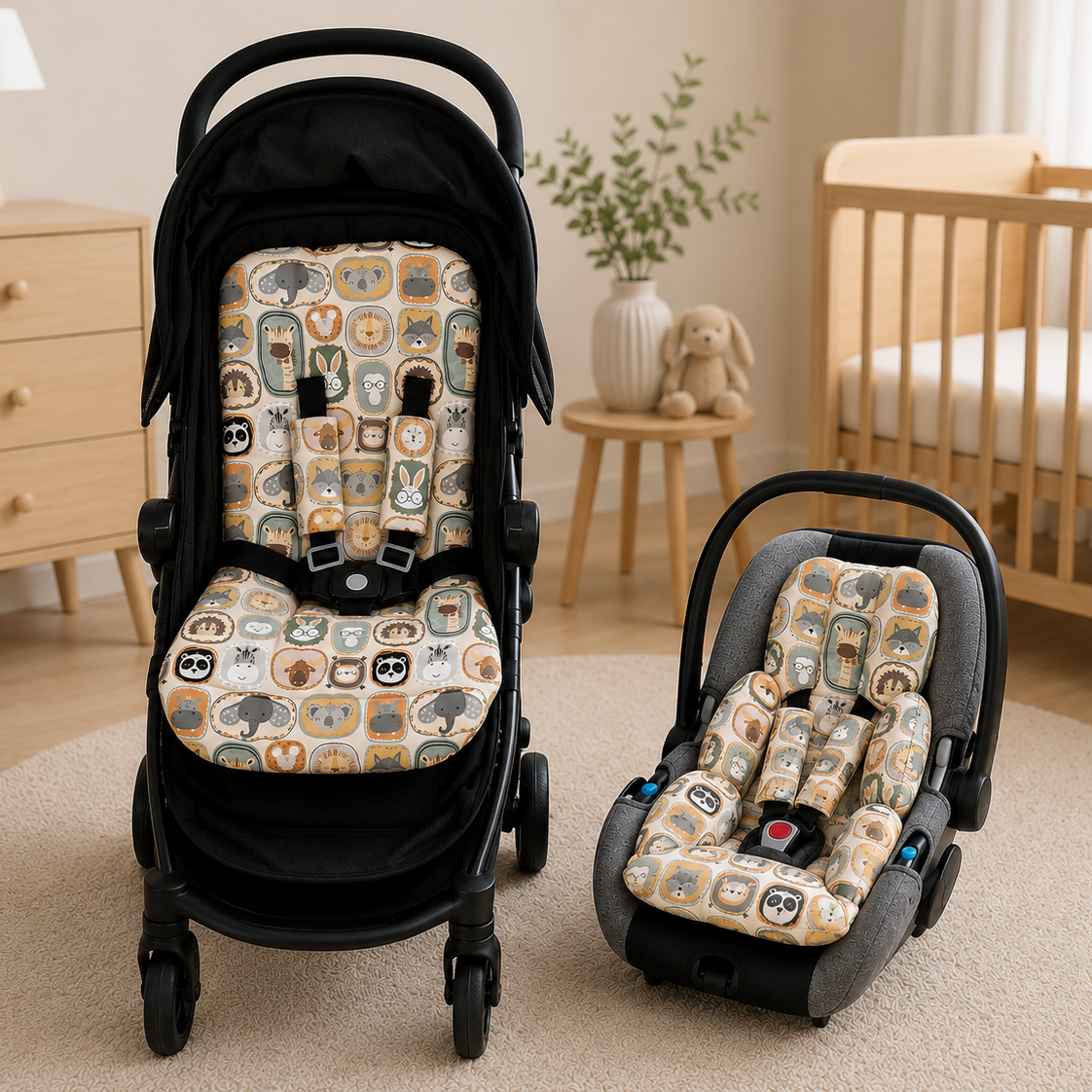 Kit Colchonetes 3 Peças para Carrinho & Bebê Conforto + Protetores de Cinto Bichos Verso Verde Escuro