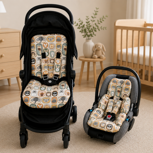 Kit Colchonetes 3 Peças para Carrinho & Bebê Conforto + Protetores de Cinto Bichos Verso Bege