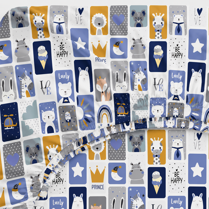 Lençol Estampado para Mini Berço 100% Algodão Bichos Azul