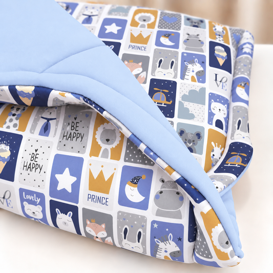 Edredom Estampado Dupla Face para Berço Americano Bichos Azul c/ Azul Bebê