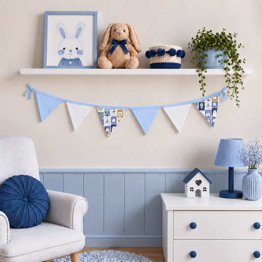 Bandeirinhas Decorativas 1,50m Bichos Azul c/ Azul Bebê