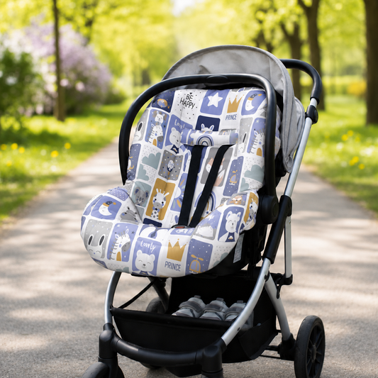 Kit para Bebê Conforto 4 Peças Dupla Face com Capota Tenda Bichos Azul Verso Bege