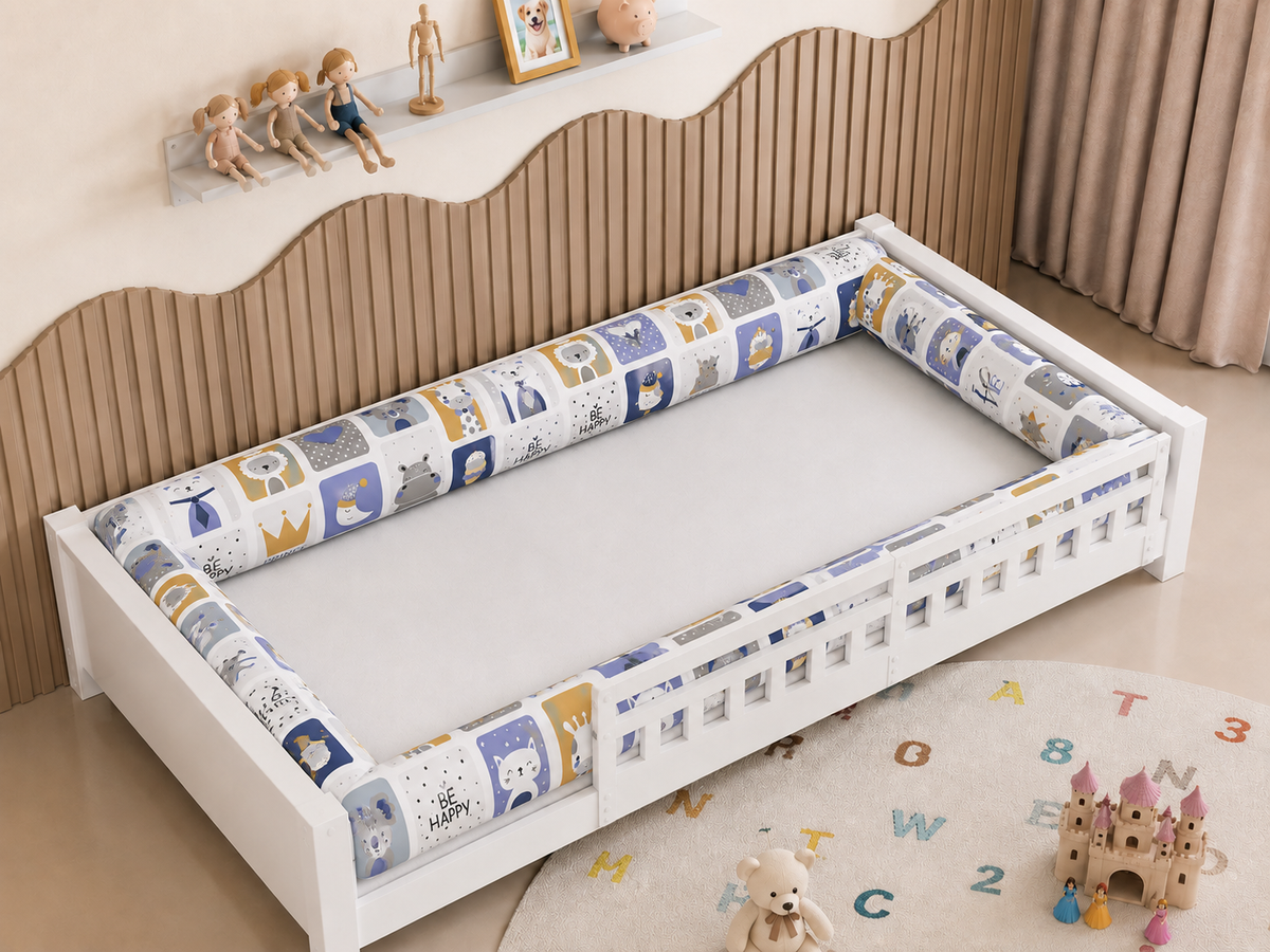 Kit Rolinhos 4 Peças para Cama Solteiro Bichos Azul c/ Azul Bebê