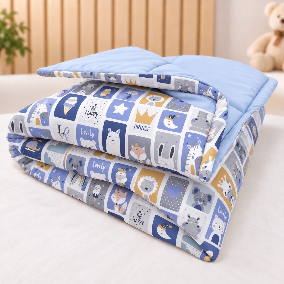 Edredom Estampado Dupla Face para Berço Americano Bichos Azul c/ Azul Bebê