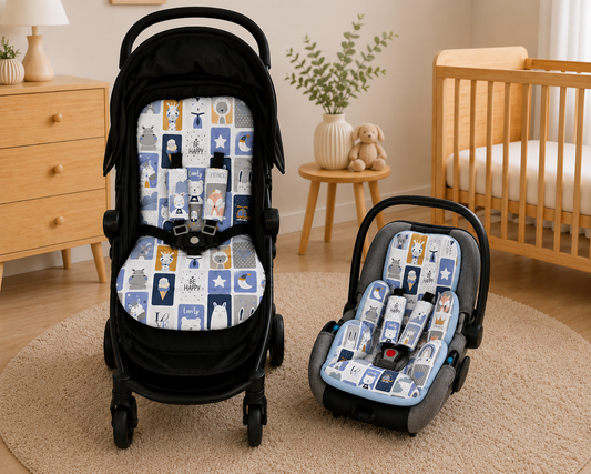 Kit Colchonetes 3 Peças para Carrinho & Bebê Conforto + Protetores de Cinto Bichos Azul Verso Azul