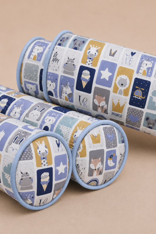 Kit Rolinhos 4 Peças para Cama Solteiro Bichos Azul c/ Azul Bebê