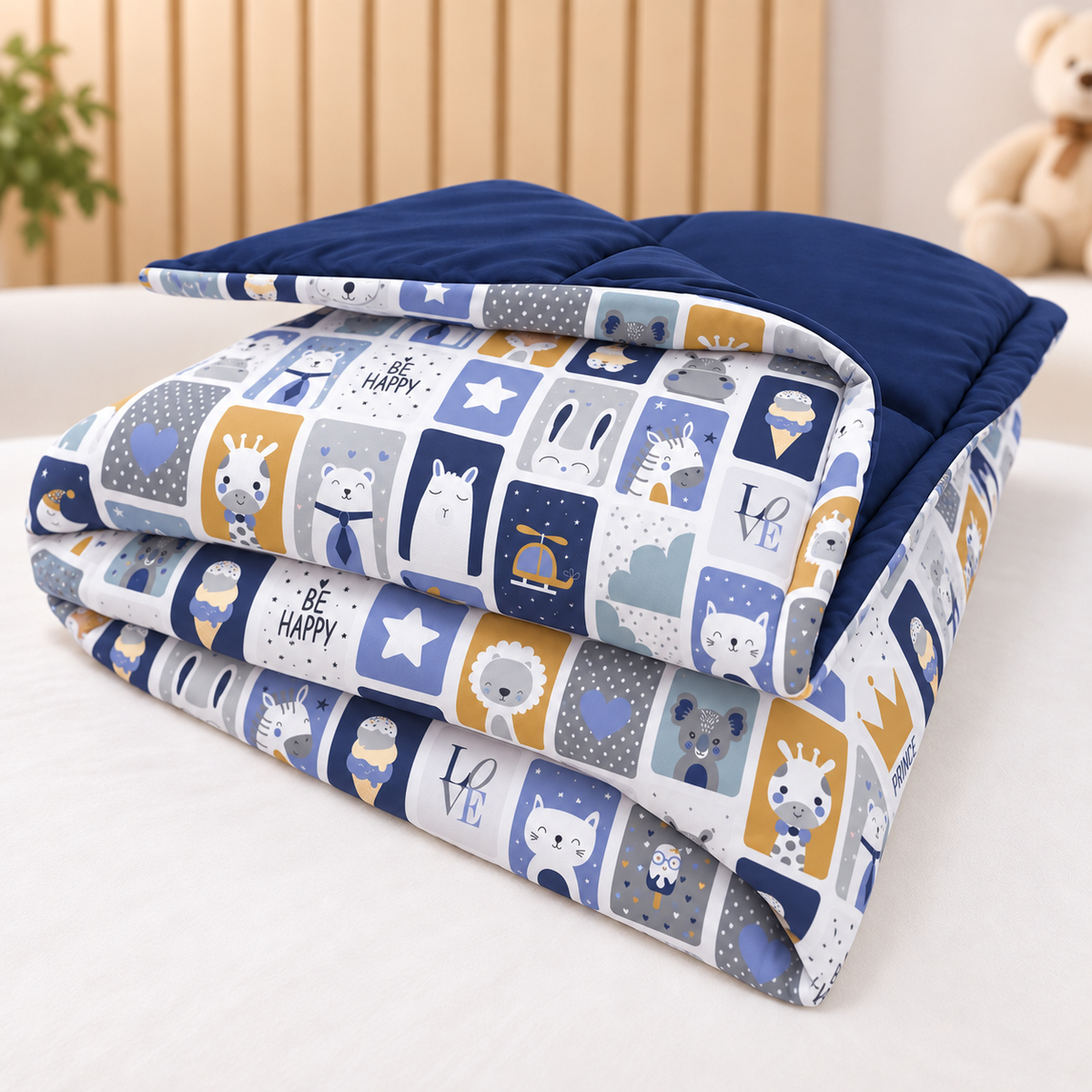 Edredom Estampado Dupla Face para Berço Americano Bichos Azul c/ Marinho