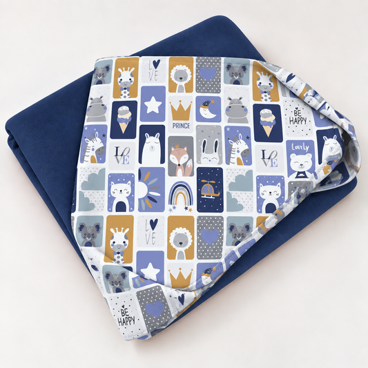 Toalha de Banho com Capuz Forrada Plush Atoalhado Premium 1M x 70cm Bichos Azul C/ Azul Marinho