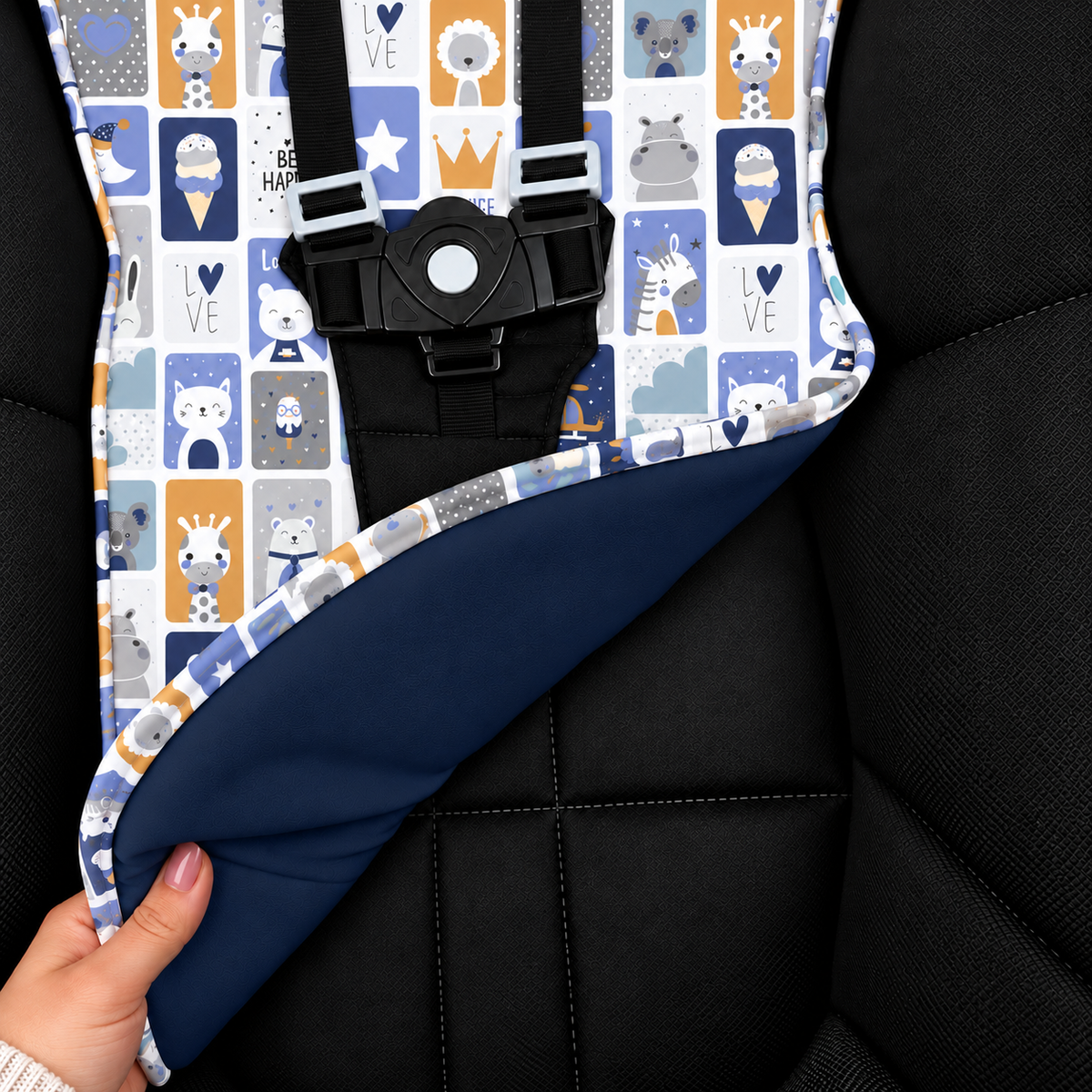 Capa para Carrinho de Bebê Universal Bichos Azul c/ Azul Marinho
