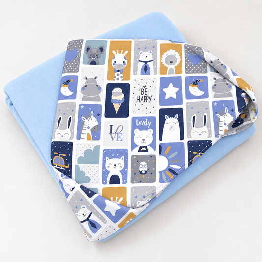 Toalha de Banho com Capuz Forrada Plush Atoalhado Premium 1M x 70cm Bichos Azul C/ Azul Bebê